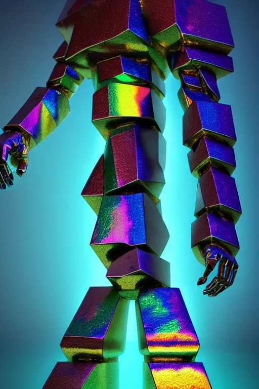 Image similar to concept art of fractal colorful bismuth metal giant golem : : shiny rainbow bismuth fractalization patterns : : extremely high details, masterpiece, photorealistic, hyperrealism, vray, octane render, volumetric lighting, depth of field, bokeh, artstation, cgsociety by elyse graham, johannen voss, greg broadmore