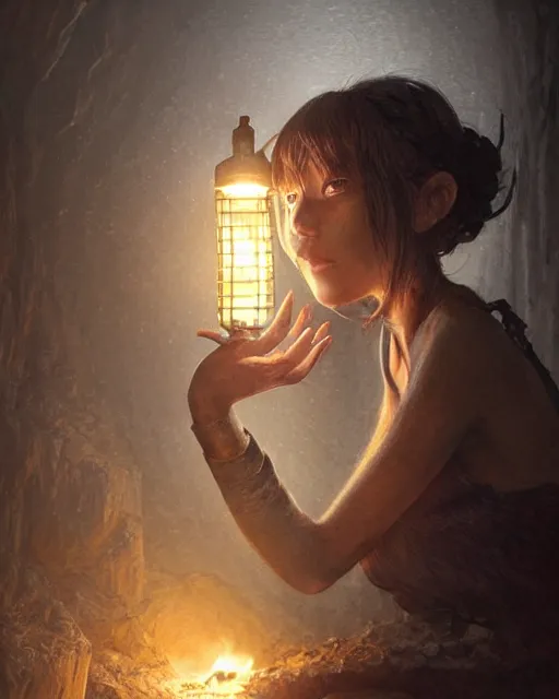 Image similar to a beautiful coalminer woman in a mine lit by kerosene lamps, pioneer work, ambient cave lighting, detailed face, by makoto shinkai, stanley artgerm lau, wlop, rossdraws