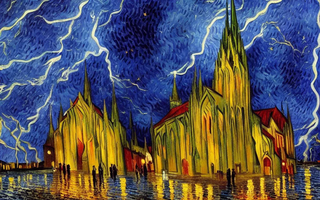 Image similar to atmospheric detailed expressionist oil painting of lightning storm over a tall gothic church, landscape painting, expressionism, blues, dramatic lighting, 8 k resolution detailed art, small brushstrokes, watercolor palette, painted by vincent van gogh