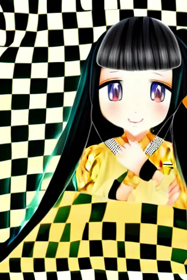 Image similar to mysterious girl child with her long black hair dressed in a chequered robe anime art style, big green diamond on her hand, digital art, hd, 4 k, hyper detailed