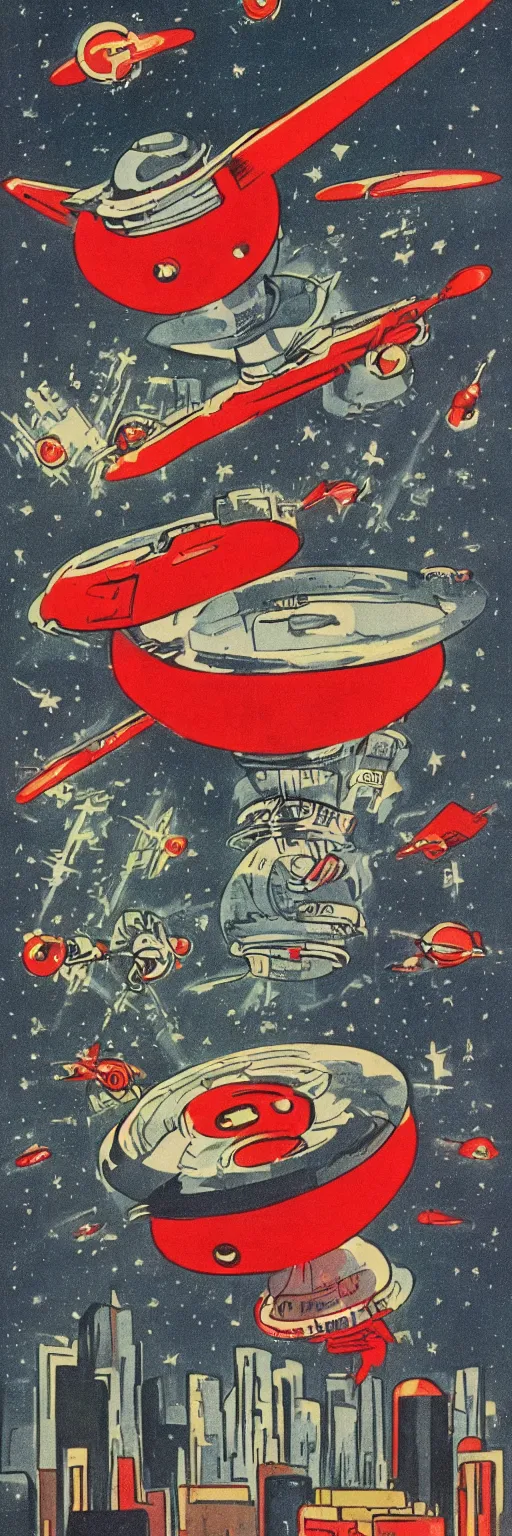Prompt: a gigantic red eyed alien flying over a little US city, his cylindric wooden spaceship over him with multiple little colored lights around the spaceship, old graphic comics design, 1940's photography