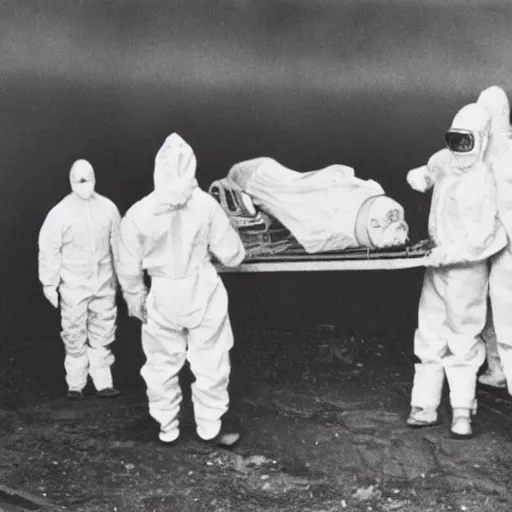 Image similar to old black and white photo, 1 9 1 3, depicting scientists in hazmat suits removing an alien biomechanical corpse on a bridge, historical record, volumetric fog