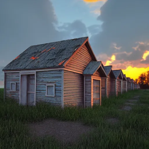 Image similar to glue houses, vaponpunk, sunset, 8k, soft light, ray tracing, wet ground