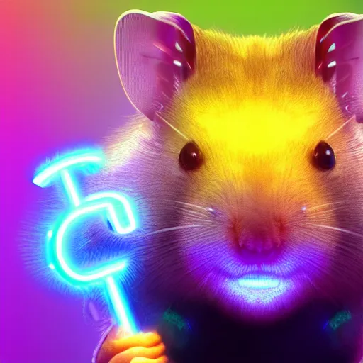 Image similar to cyberpunk hamster! holding rainbow! gem! crystal, neon lights, light reflection, logo, 8 k, hd