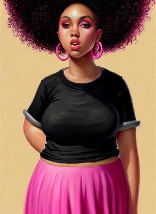 Image similar to full body portrait, teenage vanessa morgan, pink hair, obese, black girl, curly pixie hair, sultry, realistic, short hair, hoop earrings, skirt, shirt, fat, belly, intricate, elegant, highly detailed, digital painting, artstation, concept art, smooth, sharp focus, illustration, art by wlop, mars ravelo and greg rutkowski