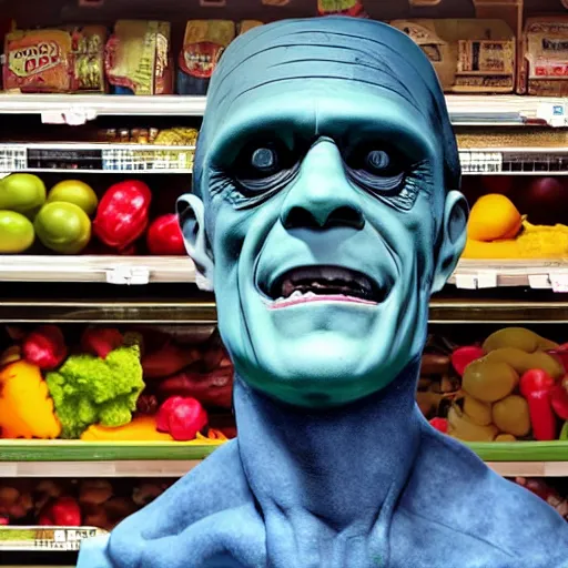Image similar to foto of frankenstein in the grocery store, restored color, 4 k