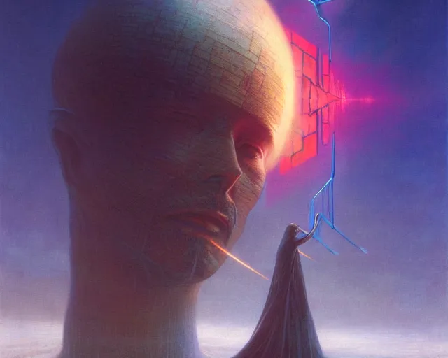 Prompt: a man falling into a tesseract, sci - fi, cyberpunk, dune movie, ridley scott, denis villeneuve, painted by zdzislaw beksinski and artgerm and greg rutkowski and alphonse mucha