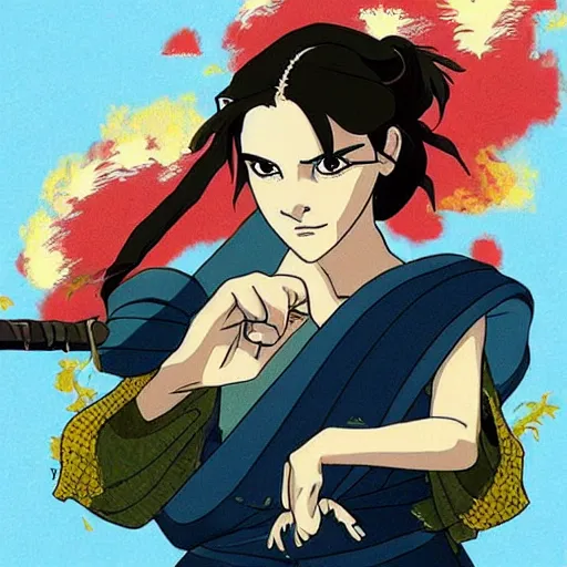 Prompt: emma watson, epic, samurai, in the style of Studio Ghibli, Hayao Miyazak