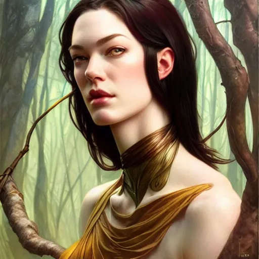 Image similar to stoya portrait of forest gog, female, clear face, masculine, body, muscular, fantasy, intricate, elegant, highly detailed, digital painting, artstation, concept art, matte, sharp focus, illustration, art by artgerm and greg rutkowski and alphonse mucha