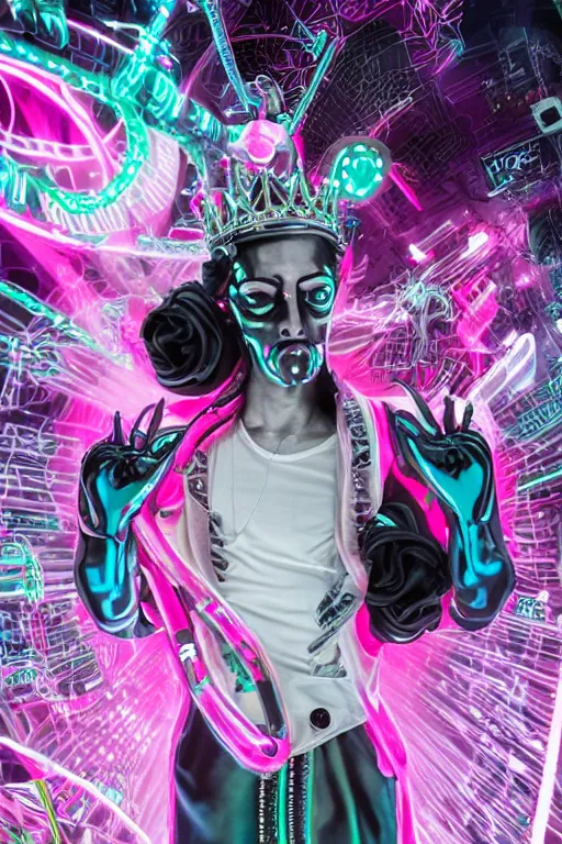 Prompt: full-body rococo and cyberpunk style neon statue of a young attractive Cubano macho dotado e rico android sim roupa reclining con las piernas abertas e la piroca dura, glowing white laser eyes, prince crown of mint gears, pink diamonds, swirling black-colored silk fabric. futuristic elements. black flowing tar. full-length view. space robots. human skulls. intricate artwork by caravaggio. Trending on artstation, octane render, cinematic lighting from the right, hyper realism, octane render, 8k, depth of field, 3D