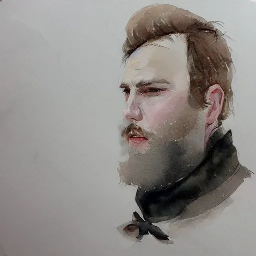 Image similar to Portrait of a handsome man with mutton chops, pale face, run down, sleepy, baggy eyes, watercolor, brushstrokes, high detail, artstation