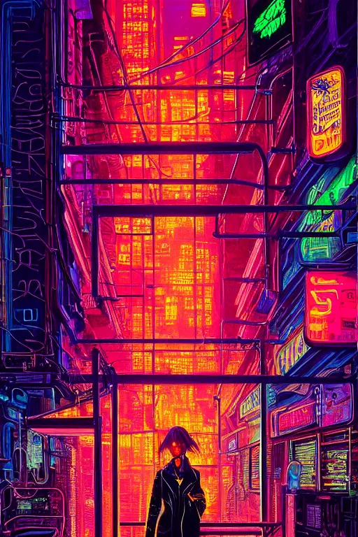 Image similar to dreamy cyberpunk girl, neon coat, detailed acrylic, city bar, intricate complexity, by dan mumford and by alberto giacometti, peter lindbergh