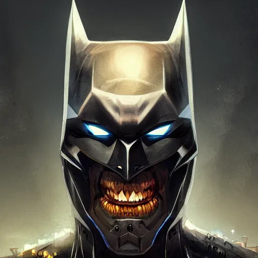 Prompt: evil cyborg monster batman starring into the camera, fixed eyes, cinematic, surreal, dramatic lighting, face, detailed, intricate, elegant, highly detailed, digital painting, artstation, chalk, concept art, smooth, sharp focus, illustration, art by sam spratt,