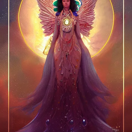 Image similar to A beautiful digital painting of a female Seraphim full of jewels, princess, the moon behind her, intricate, cinematic lighting, highly detailed, digital painting, Artstation, concept art, smooth, sharp focus, illustration, art by Tom Bagshaw, Artgerm and Greg Rutkowski