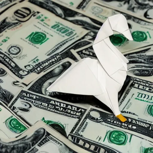Prompt: an origami swan made out of a united states dollar bill, photograph,