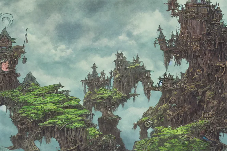 Prompt: dark fantasy land, painting, water color, ghibli, hayao miyazaki, concept art, detailed, nobuyuki yanai, hiroshi matsuyama, hiroyuki maeda