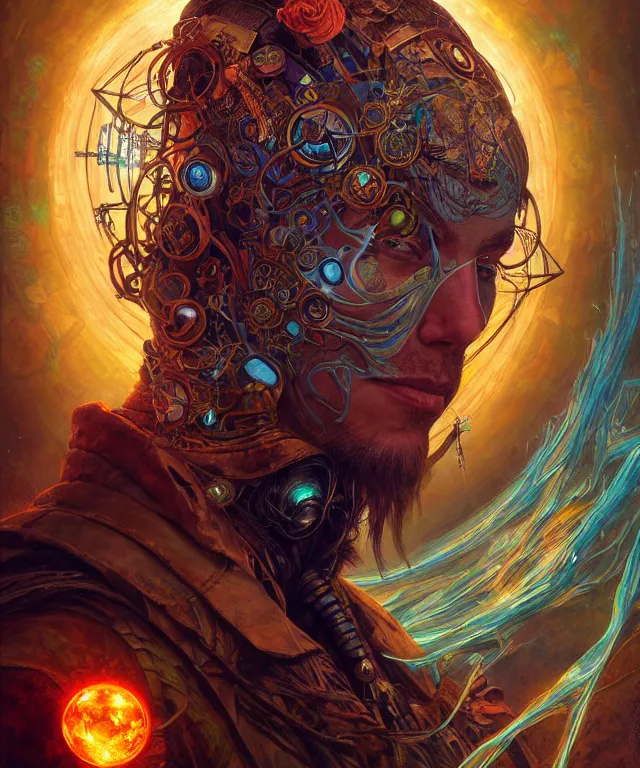 Prompt: a beautiful tarot card artwork of a cyberpunk nature shaman, backlit, highly detailed, digital painting, by karol bak and eddie mendoza and dan mumford and artgerm, vivid colors, masterpiece, detailed shading, 8 k resolution, intricate, smooth