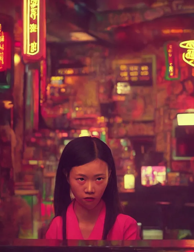 Image similar to asian school girl in a bar, neon light, wide angle coloured polaroid photograph with flash, kodak film stock, hyper real, stunning moody cinematography, with anamorphic lenses, by maripol, fallen angels by wong kar - wai, style of suspiria and neon demon, detailed