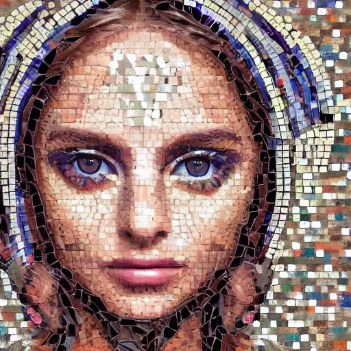 Image similar to portrait mosaic of a beautiful cute girl with robot ears and eyes, 4k, intricate details, digital, Emma Biggs