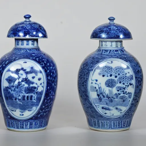 Prompt: photograph of kangxi blue and white porcelain