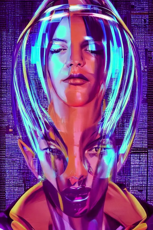Prompt: portrait, digital painting, an beautiful, crazy hacker girl, lost in code, synthwave, glitch!!, fractured reality, mirrored stainless steel slabs, realistic, hyperdetailed, golden hour, concept art, art by syd mead