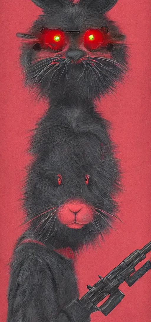 Image similar to portrait of neon fur rabbit with red eyes and a machine gun , 8k, highly detailed, sharp, realistic, in style of Brom