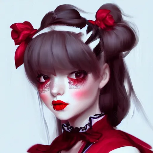 Image similar to a girl wearing lolita clothes, red lipstick, ponytail, highly detailed, digital painting, artstation, concept art, smooth, sharp focus, illustration