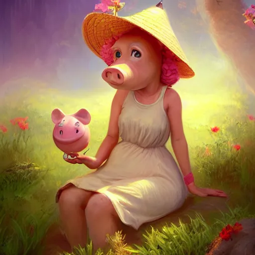 Image similar to an anthropomorphic piggy wearing a sundress and a sunhat, garden, summer, 8k resolution matte fantasy painting, cinematic lighting, DeviantArt, Artstation, Jason Felix Steve Argyle Tyler Jacobson Peter Mohrbacher