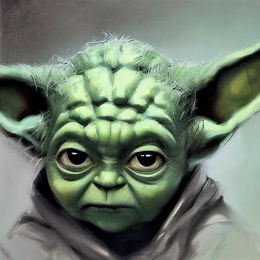 Prompt: portrait of sad baby yoda, artwork by guy denning and charlie bowater,