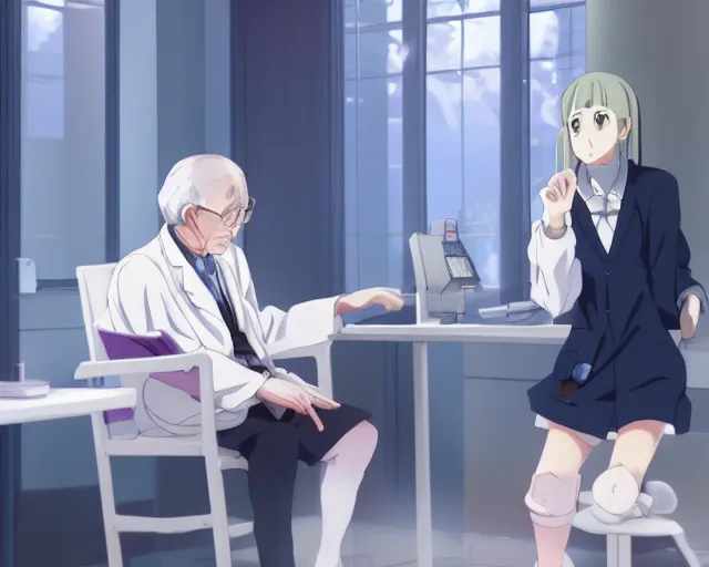 Image similar to a cute and beautiful young female doctor wearing white coat are talking with an old professor in a hospital, slice of life anime, lighting, anime scenery by Makoto shinkai