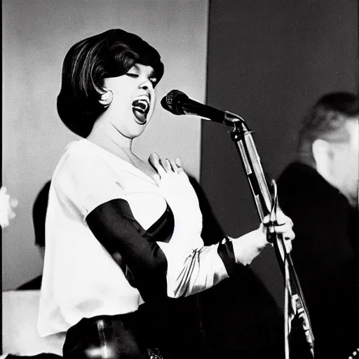 Prompt: mireille mathew singing on stage in paris, photo 1 9 6 5 by vernon de whurst