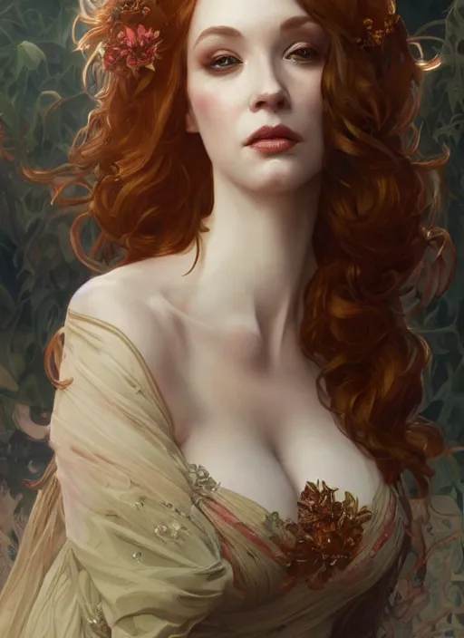 Image similar to Christina Hendricks, fantasy, intricate, elegant, highly detailed, digital painting, artstation, concept art, smooth, sharp focus, illustration, art by artgerm and greg rutkowski and alphonse mucha