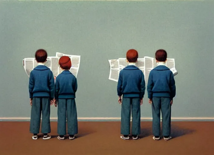 Image similar to a very boring day in school, kids wearing identical clothes reading newspapers, painting by quint buchholz and ray caesar, muted colors, gray, dull, boring, low energy, pale blue faces, very detailed