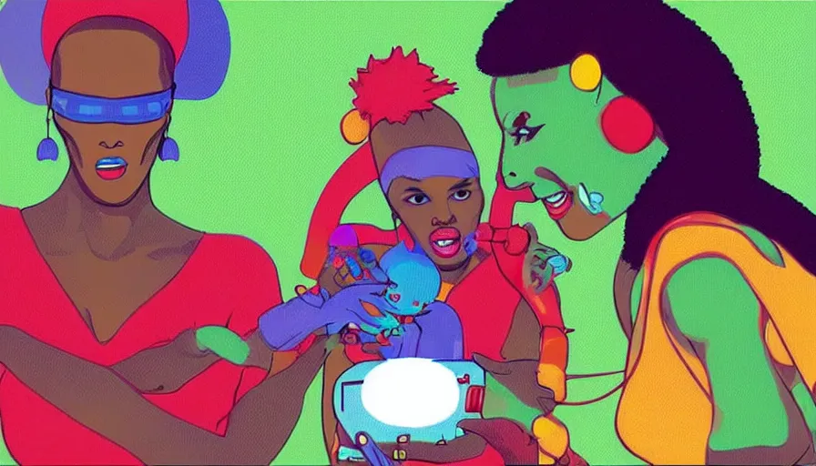 Image similar to beautiful still from retro snes arcade game featuring grace jones feeding her bioenhanced tamagotchi child, hyperreal detailed facial features and uv lighting, retro nintendo bitmap pixel art