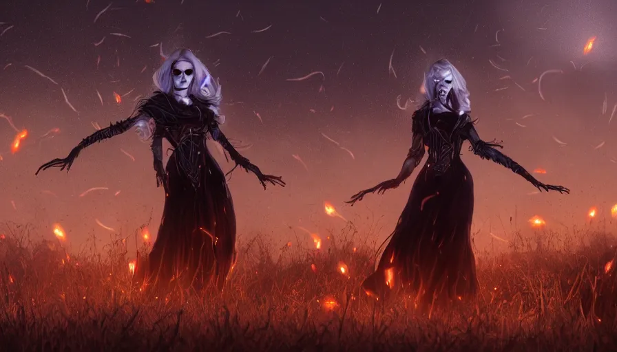 Prompt: lady death surrounded by fireflies walking away with me, cinematic lighting, wow, establishing shot