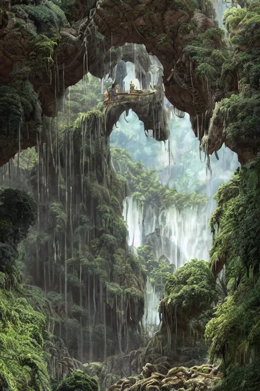 Prompt: carved into a Mountain a temple above a waterfall, arches adorned pillars, archways, gnarly trees, lush vegetation, forrest, a small stream runs beneath the waterfall, landscape, raphael lacoste, eddie mendoza, alex ross, concept art, matte painting, highly detailed, rule of thirds, dynamic lighting, cinematic, detailed, denoised, centerd