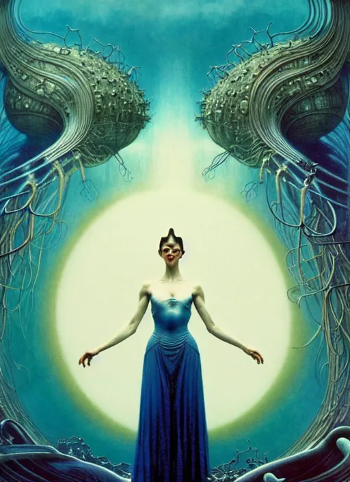 Image similar to realistic detailed portrait movie shot of a prima ballerina wearing a dark robes, sci fi city landscape background by denis villeneuve, amano, yves tanguy, alphonse mucha, ernst haeckel, max ernst, roger dean, masterpiece, rich moody colours, dog teeth, blue eyes, sunset