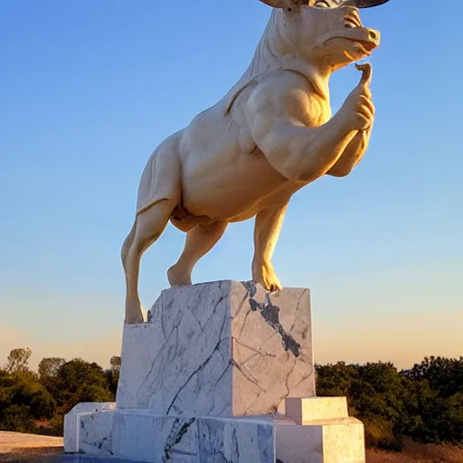 Prompt: marble sculpture of moloch wearing round sunglasses, digital art, classical art, sharp focus, clear sky, muscular bull headed man, sunset