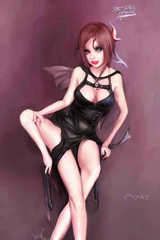 Image similar to Succubus in tight short dress, stockings, heels, dog collar and ponytail portrait, by artgerm, WLOP