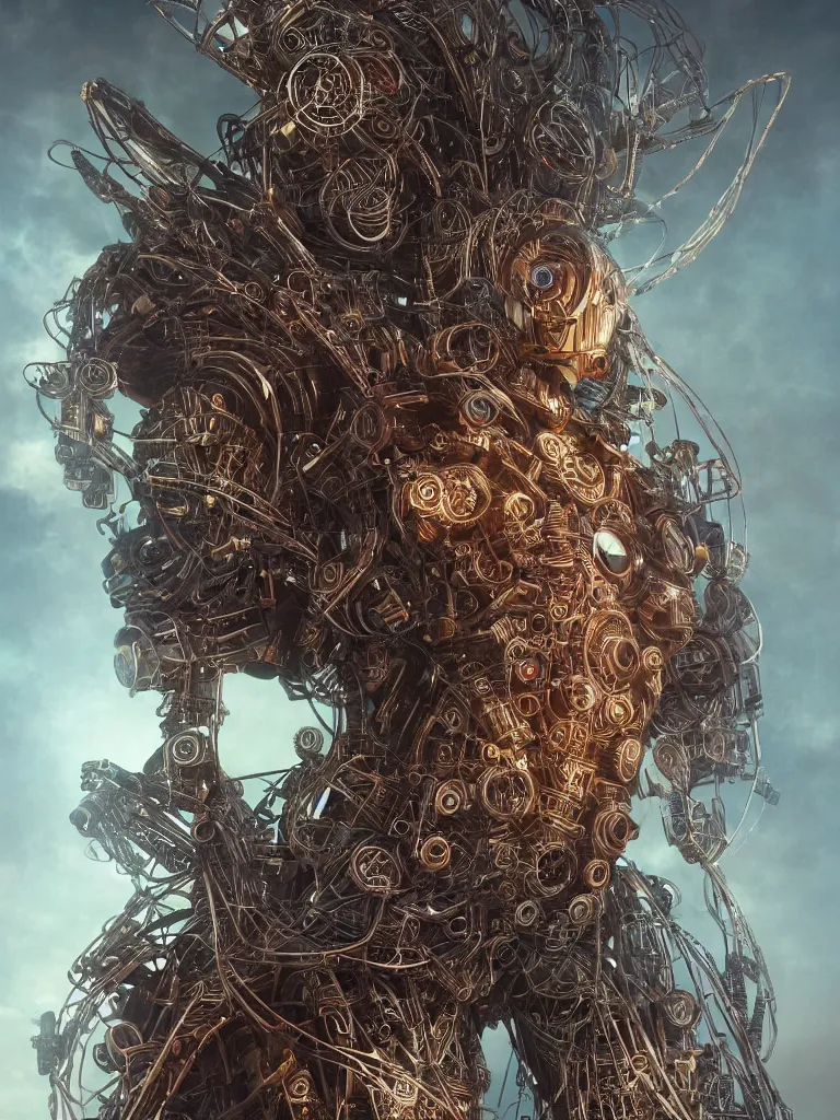 Image similar to a photo of a mech shaman adorned made from cables and synthesizer parts surrounded by sacred geometry made from elven architecture, full body, perfect face, powerful, cinematic, beautifully lit, by artgerm, by karol bak, 3 d, trending on artstation, octane render, 8 k