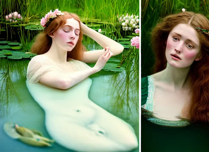 Image similar to Kodak Portra 400, 8K, soft light, volumetric lighting, highly detailed, britt marling style 3/4 ,portrait photo of a beautiful woman how pre-Raphaelites painter, the face emerges from the water of a pond with water lilies, in the pose of Ophelia Millais, a beautiful lace dress and hair are intricate with highly detailed realistic beautiful flowers , Realistic, Refined, Highly Detailed, natural outdoor soft pastel lighting colors scheme, outdoor fine art photography, Hyper realistic, photo realistic