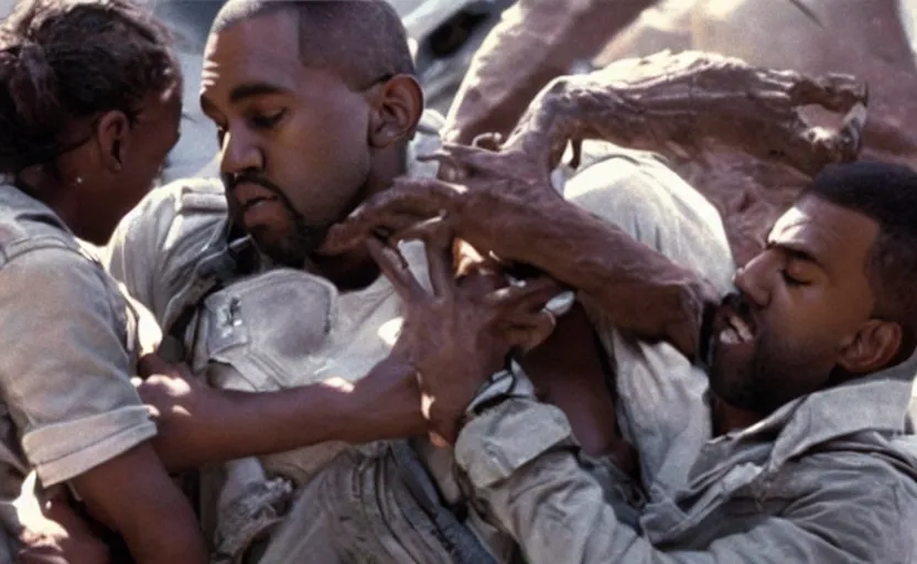 Prompt: the movie aliens starring kanye west facehugger scene vfx film