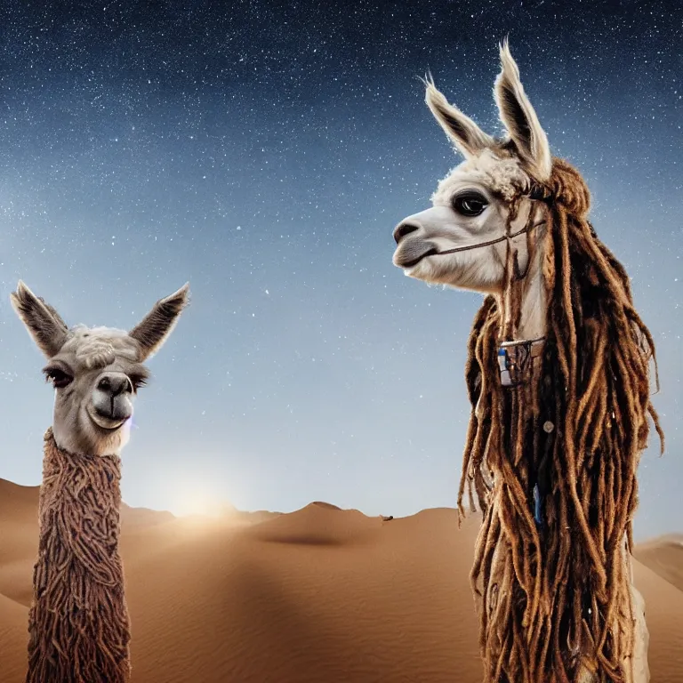 Prompt: highly detailed portrait photo of a huge llama with dreadlocks in a scenic desert with starfall in the night sky, hyperrealistic Illustration