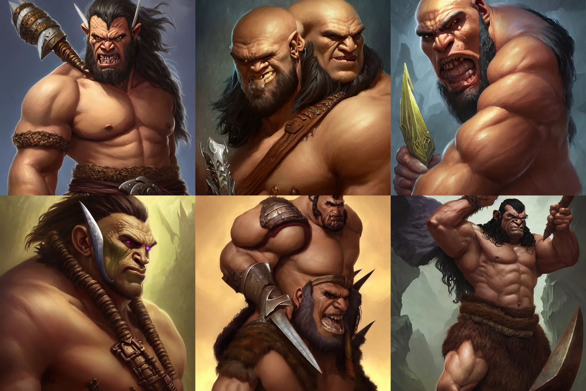Prompt: “portrait of a tall muscular male half-orc barbarian with magical sorcerer powers, painted fantasy character portrait, D&D character, highly detailed, single character digital painting, artstation, concept art, sharp focus, smooth, illustration, art by artgerm and greg rutkowski and alphonse mucha and craig mullins and James Jean and Andrei Riabovitchev and Marc Simonetti and peter mohrbacher”