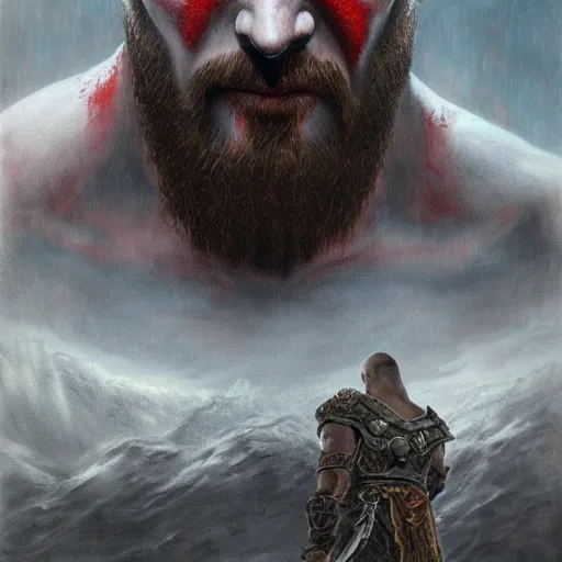 Image similar to Kratos, elden ring boss, matte painting, detailed, elden ring, oil on canvas