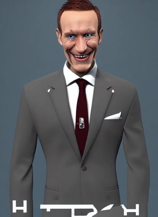 Image similar to a hyper realistic portrait of a smiling male alien in a suit for advertisement, artstation