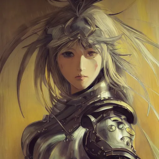 Prompt: Oil portrait with broad brush strokes of an anime girl with long white hair wearing Elden Ring armour with engraving in the style of Yoji Shinkawa, expressive brush strokes, hairs fluttering on the wing, noisy film grain effect, highly detailed, Renaissance oil painting, weird portrait angle, blurred lost edges, three quarter view