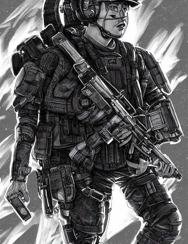 Image similar to a detailed manga illustration of elon musk in tactical gear, trending on artstation, digital art, 4 k resolution, detailed, high quality, sharp focus, hq artwork, coherent, insane detail, character portrait