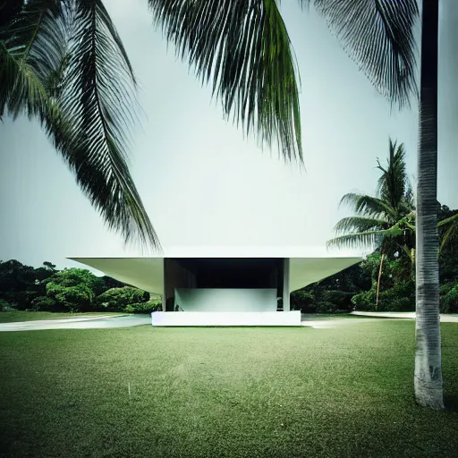 Prompt: hyperrealistic white house by tadao ando in the tropical wood flying in the sky, palms, overgrown place, trees are in building and go through house, mystic, melancholy, pinhole analogue photo quality, lomography, scratches on photo, noise effect, blur effect