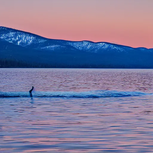 Image similar to nessie at lake tahoe from far off, crystal bay california, professional photography, sunset